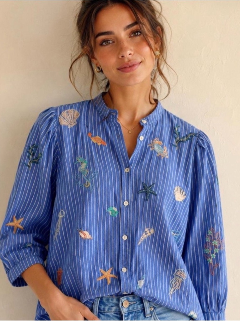 Johnny Was Blue Striped Embroidered Button-Down Shirt